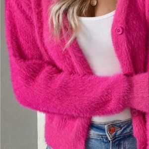 Women's Fuzzy Pink Cardigan Sweater